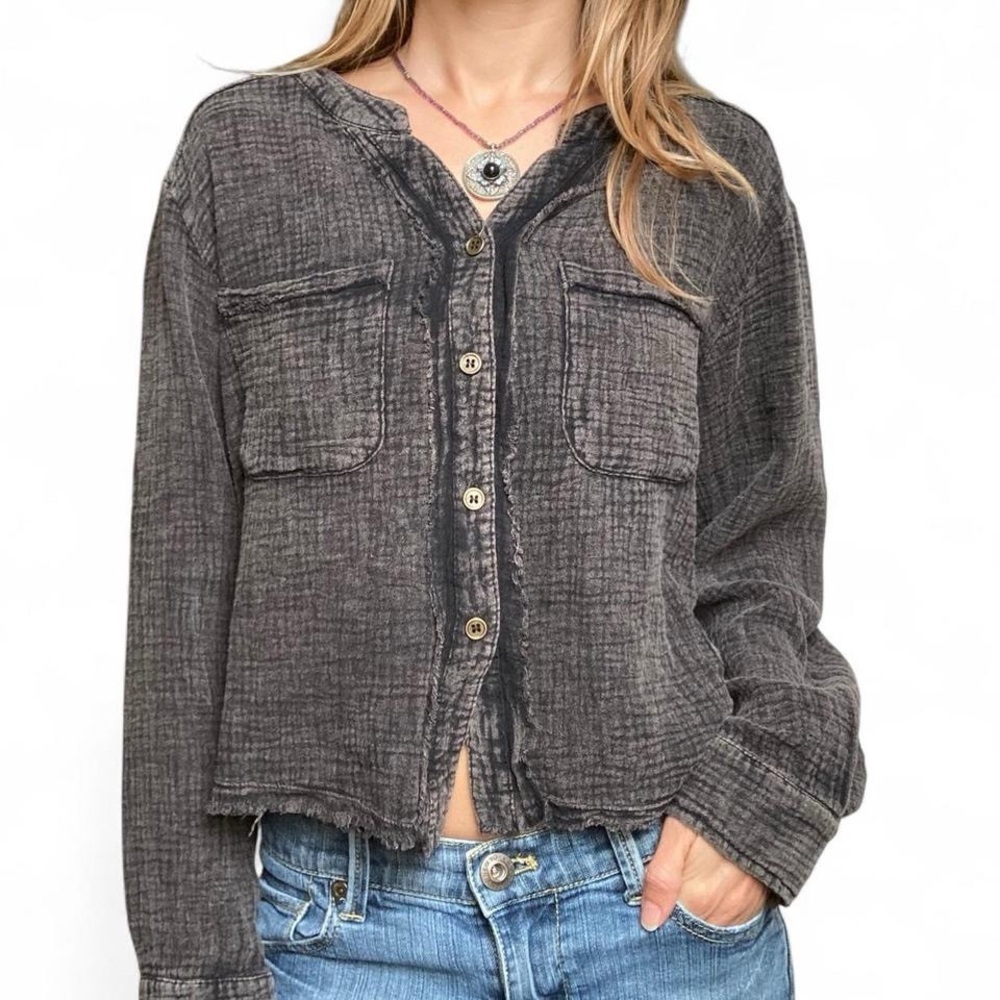 Pink Lily gauze flowy relaxed long sleeve button down cropped top boho grunge